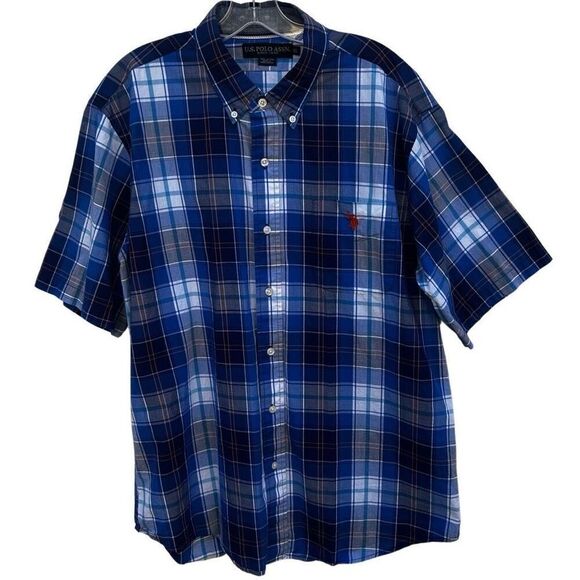 U.S. Polo Assn Button Down Shirt Men's XL Blue Plaid Classic Short Sleeve - Picture 6 of 13